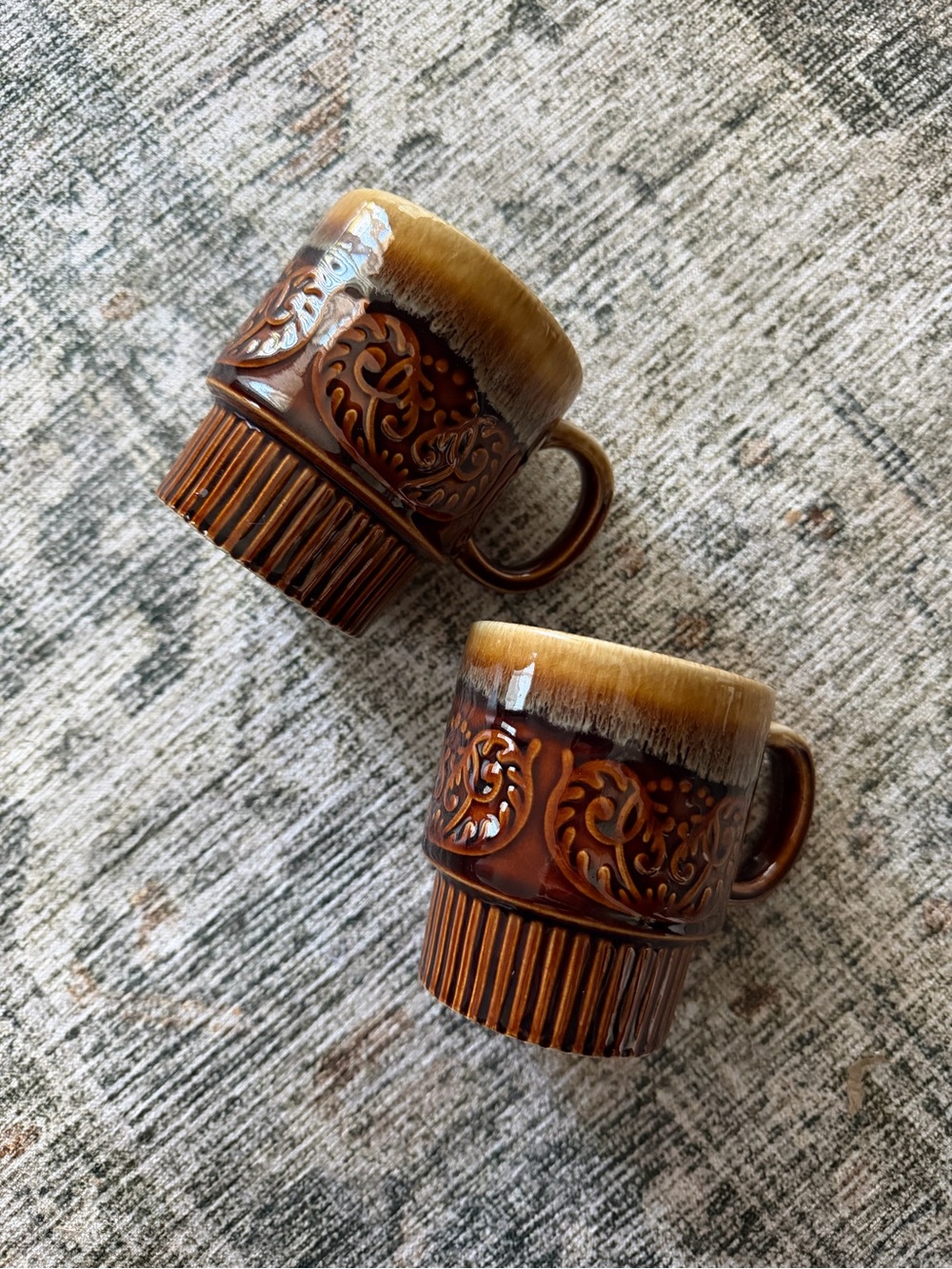 Vintage Japan Drip Glazed Brown Ceramic Stacking Mugs - Set of 2